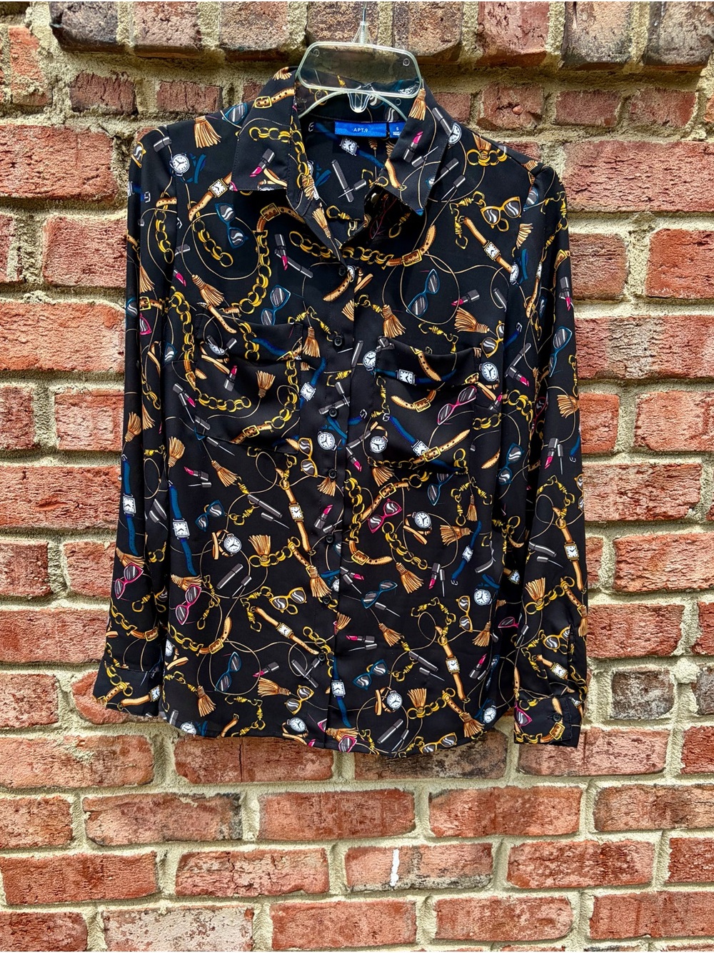 Apt. 9 Black Button-Down Shirt with Gold Chain & Multicolor Accent Design
